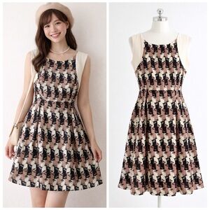 SM Wardrobe Cat Print Sleeveless Fit & Flare Dress Whimsical Twee Style Size L